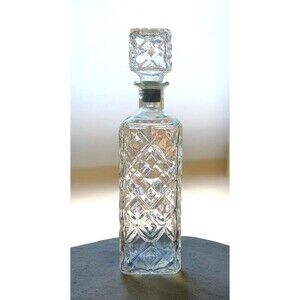 Vtg Clear Diamond Pattern Glass Crown Whiskey Bottle 12" Decanter + Cork Stopper